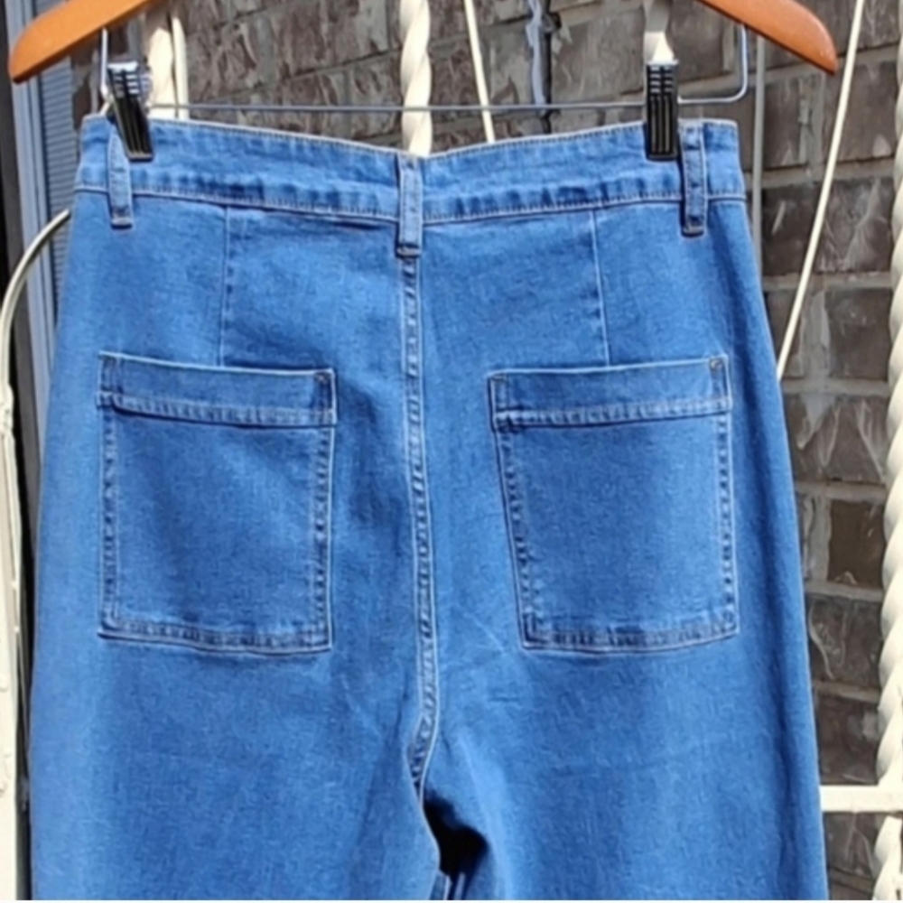 Annie Wear High Rise Wide Leg Stretchy Cropped Denim Blue Jeans Women Size Large - Picture 5 of 16